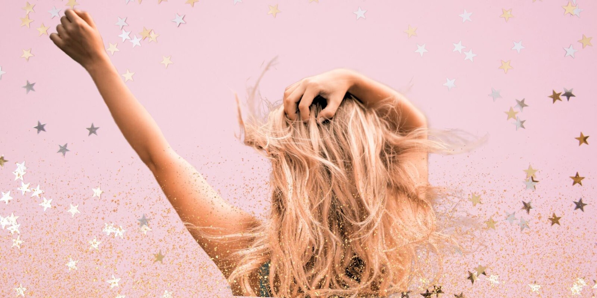 Woman with blonde hair on a pale pink background with gold and silver stars and glitter